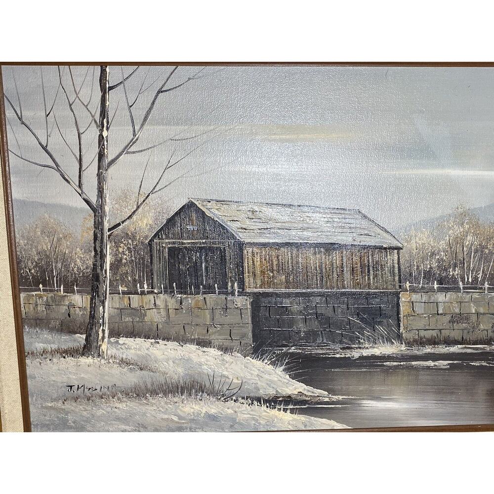 J. Medina 1970s Original Oil On Canvas Covered Bridge Winter Painting 80s Framed